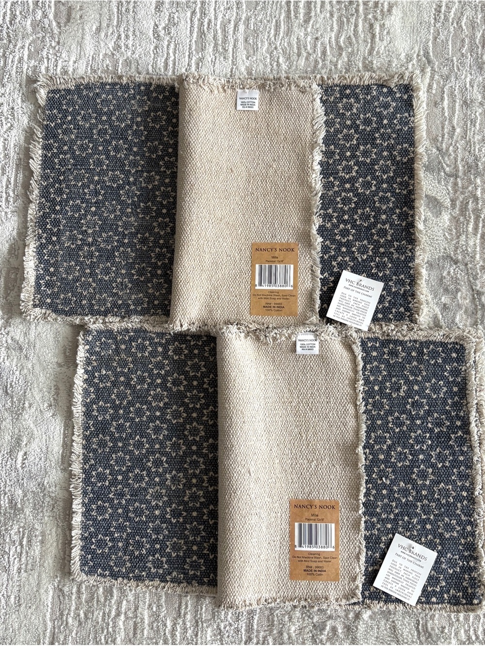 Nancy's Nook Reversible Place Mats — Navy Floral & Natural Set of Four NWT